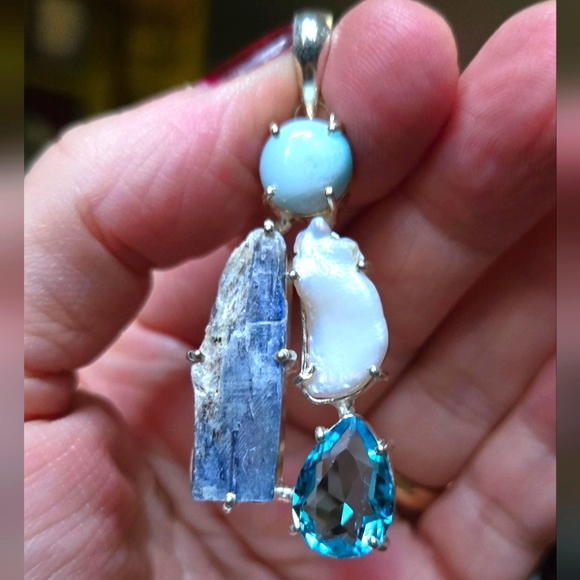 Natural Kharma by Avelon Jewelry - Larimar kyanite pearl & Topaz sterling silver pendant